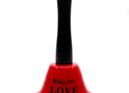Rote handglocke diablo picante mit schwarzem griff und ring for love gravur in schwarzer schrift