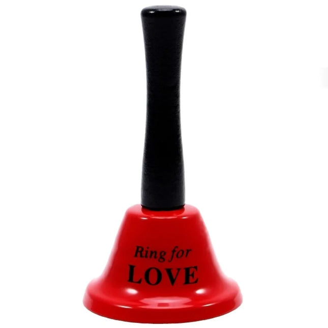 Rote handglocke diablo picante mit schwarzem griff und ring for love gravur in schwarzer schrift