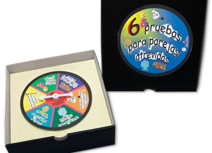 Diablo picante roulette spiel für wagemutige paare zeigt bunten runden spielrad mit sechs herausfordernden cartoonfeldern