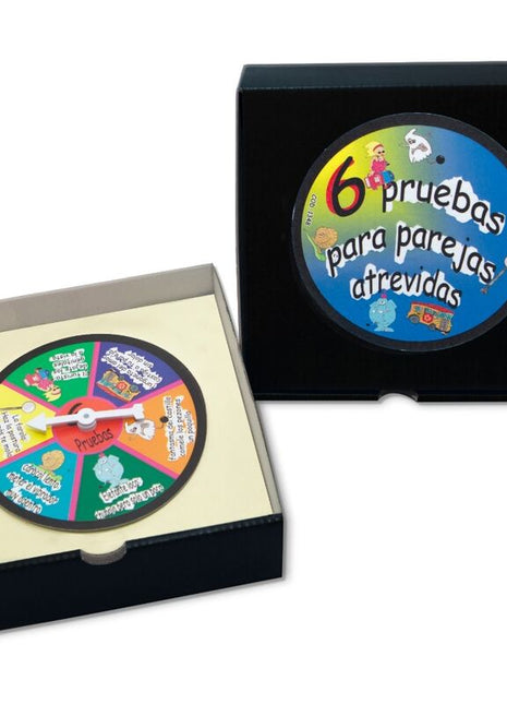 Diablo picante roulette spiel für wagemutige paare zeigt bunten runden spielrad mit sechs herausfordernden cartoonfeldern
