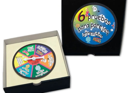 Diablo picante roulette spiel für wagemutige paare zeigt bunten runden spielrad mit sechs herausfordernden cartoonfeldern