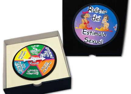 Buntes rundes spielrad mit spanischen erotischen stimulationstipps im schwarzen kasten für diablo picante roulette spiel