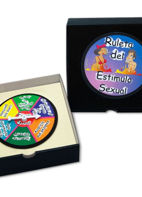 Buntes rundes spielrad mit spanischen erotischen stimulationstipps im schwarzen kasten für diablo picante roulette spiel