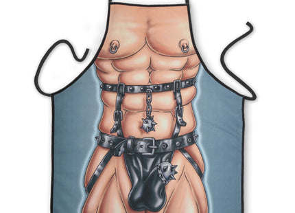 Blauer schürze diablo picante mit muskulösem torso, schwarzen lederriemen, ketten und metallakzenten für herren