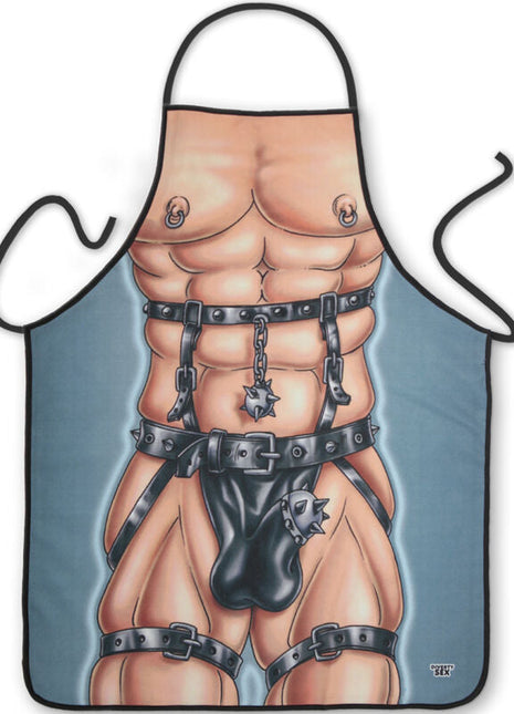Blauer schürze diablo picante mit muskulösem torso, schwarzen lederriemen, ketten und metallakzenten für herren