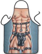 Blauer schürze diablo picante mit muskulösem torso, schwarzen lederriemen, ketten und metallakzenten für herren