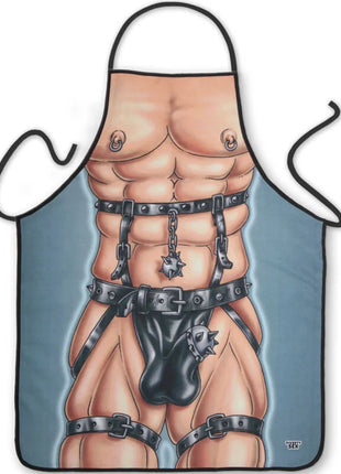Blauer schürze diablo picante mit muskulösem torso, schwarzen lederriemen, ketten und metallakzenten für herren
