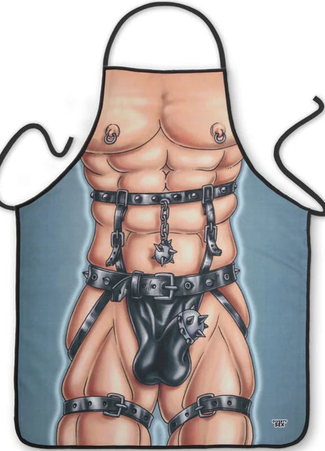 Blauer schürze diablo picante mit muskulösem torso, schwarzen lederriemen, ketten und metallakzenten für herren