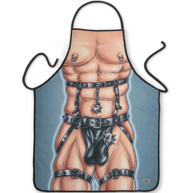Blauer schürze diablo picante mit muskulösem torso, schwarzen lederriemen, ketten und metallakzenten für herren