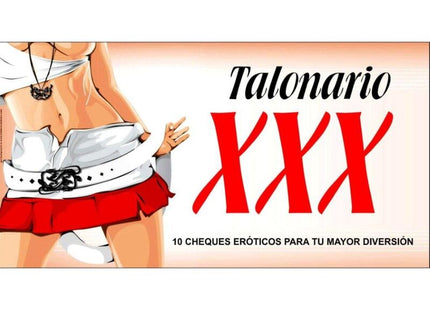 Talonario xxx diablo picante schreckbuch mit roter schrift und frau in weiß-roter kleidung auf rechteckigem paket