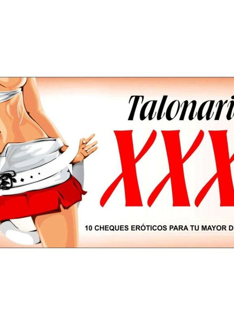 Talonario xxx diablo picante schreckbuch mit roter schrift und frau in weiß-roter kleidung auf rechteckigem paket