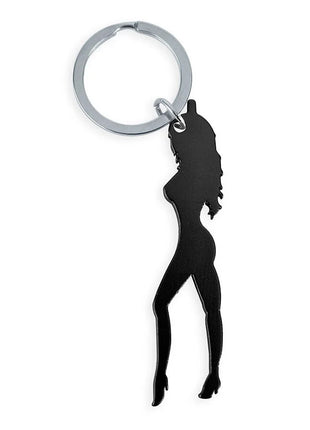 Diablo Picante schwarzer Schlüsselanhänger mit weiblicher Silhouette aus Metall und integriertem Bieröffner