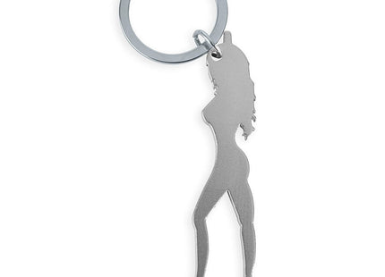 Silberner metallischer diablo picante schlüsselanhänger mit minimalistischer frauensilhouette in high heels und bieröffner