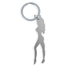 Silberner metallischer diablo picante schlüsselanhänger mit minimalistischer frauensilhouette in high heels und bieröffner