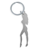 Silberner metallischer diablo picante schlüsselanhänger mit minimalistischer frauensilhouette in high heels und bieröffner