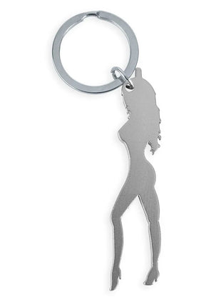 Silberner metallischer diablo picante schlüsselanhänger mit minimalistischer frauensilhouette in high heels und bieröffner
