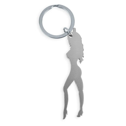 Silberner metallischer diablo picante schlüsselanhänger mit minimalistischer frauensilhouette in high heels und bieröffner
