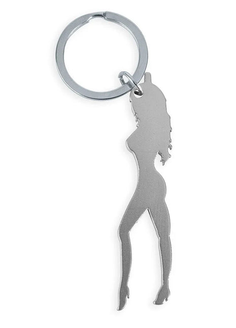 Silberner metallischer diablo picante schlüsselanhänger mit minimalistischer frauensilhouette in high heels und bieröffner