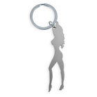Silberner metallischer diablo picante schlüsselanhänger mit minimalistischer frauensilhouette in high heels und bieröffner