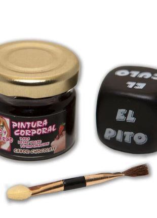 Ein kleiner glasbehälter mit goldverschluss und schwarzem etikett enthält diablo picante schokoladenfarbe für körper