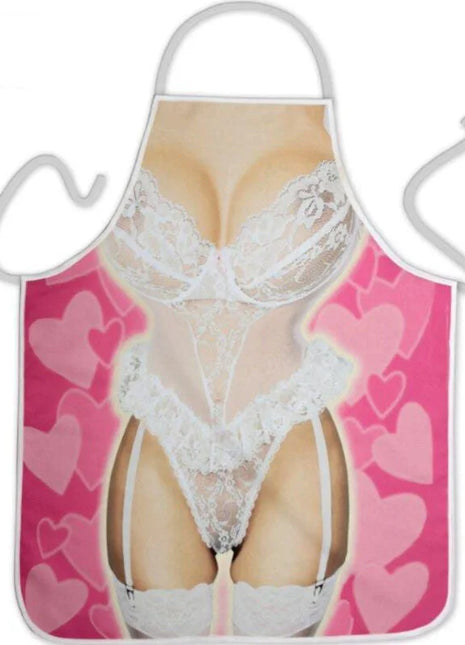 Diablo picante sexy damenschürze in pink mit weißer spitzen lingerie-optik und herzmustern