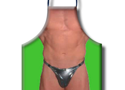 Diablo picante sexy herrenschürze in grün mit detailreichem muskel-torso und glänzenden silbernen briefs print