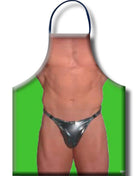 Diablo picante sexy herrenschürze in grün mit detailreichem muskel-torso und glänzenden silbernen briefs print