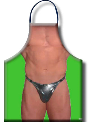Diablo picante sexy herrenschürze in grün mit detailreichem muskel-torso und glänzenden silbernen briefs print