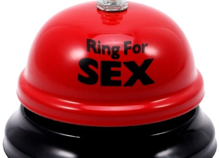 Rote und schwarze schreibtischglocke mit silberner oberseite und ring for sex schriftzug diabolo picante