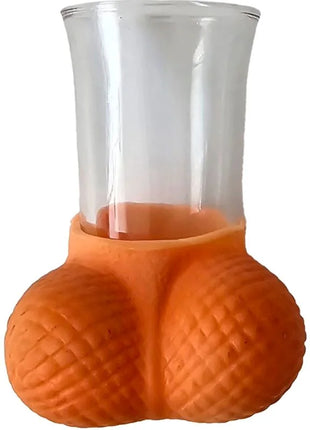 Orange silikon halter in form eines butts mit klarem glas shotglas für diablo picante mit natürlichen eiern