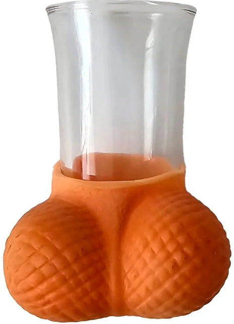Orange silikon halter in form eines butts mit klarem glas shotglas für diablo picante mit natürlichen eiern