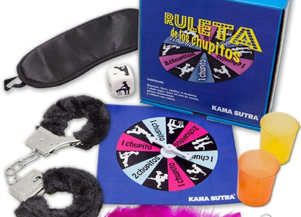 Blaues diablo picante ruleta de los chupitos kamasutra spiel mit buntem drehbaren rad auf der boxvorderseite