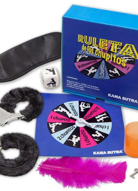 Blaues diablo picante ruleta de los chupitos kamasutra spiel mit buntem drehbaren rad auf der boxvorderseite