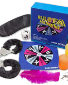 Blaues diablo picante ruleta de los chupitos kamasutra spiel mit buntem drehbaren rad auf der boxvorderseite