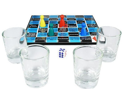Diablo picante shots-spiel crazy dice blauer und schwarzer spielbrett mit vier bunten plastikfiguren und weißem würfel