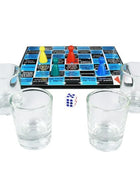Diablo picante shots-spiel crazy dice blauer und schwarzer spielbrett mit vier bunten plastikfiguren und weißem würfel