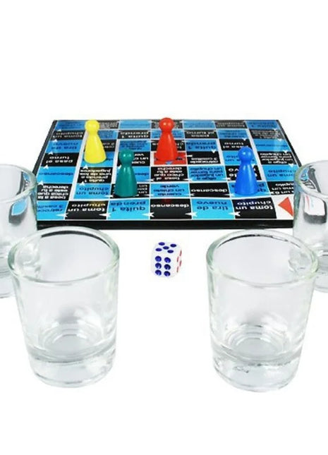 Diablo picante shots-spiel crazy dice blauer und schwarzer spielbrett mit vier bunten plastikfiguren und weißem würfel