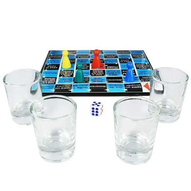 Diablo picante shots-spiel crazy dice blauer und schwarzer spielbrett mit vier bunten plastikfiguren und weißem würfel
