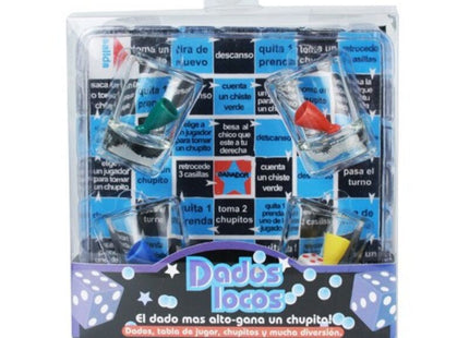 Diablo picante shots spiel crazy dice mit blauen und weißen würfeln in transparenter verpackung und bunten durchsichtigen bechern