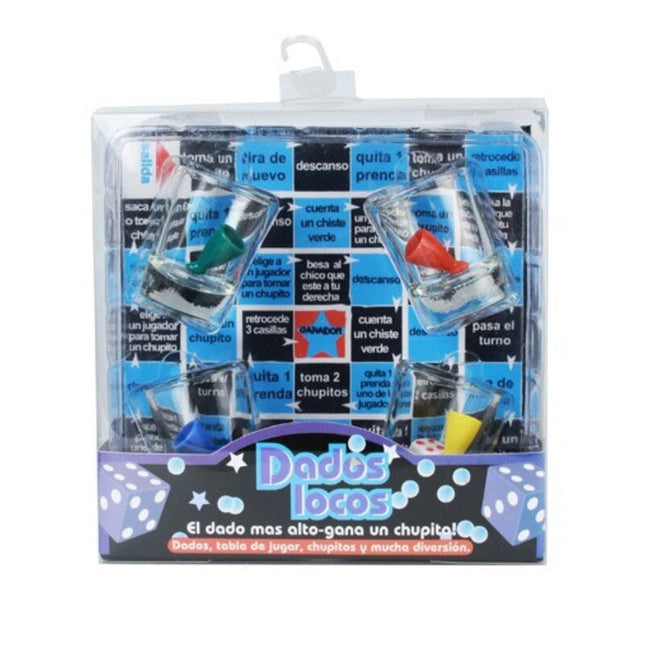 Diablo picante shots spiel crazy dice mit blauen und weißen würfeln in transparenter verpackung und bunten durchsichtigen bechern