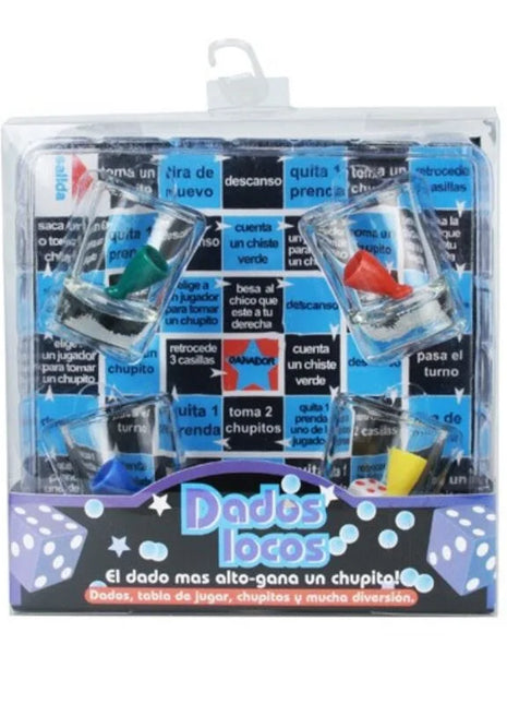 Diablo picante shots spiel crazy dice mit blauen und weißen würfeln in transparenter verpackung und bunten durchsichtigen bechern
