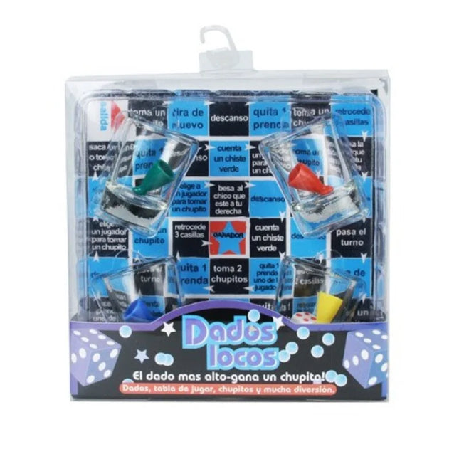 Diablo picante shots spiel crazy dice mit blauen und weißen würfeln in transparenter verpackung und bunten durchsichtigen bechern