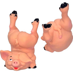 Pinkes gummispardose sparschwein diablo picante in spielerischer kopfstand pose mit schwarzen hufen und augen