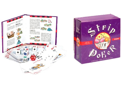 Lila strip poker spielbox diablo picante mit roten akzenten und rundem logo mit spielkarten