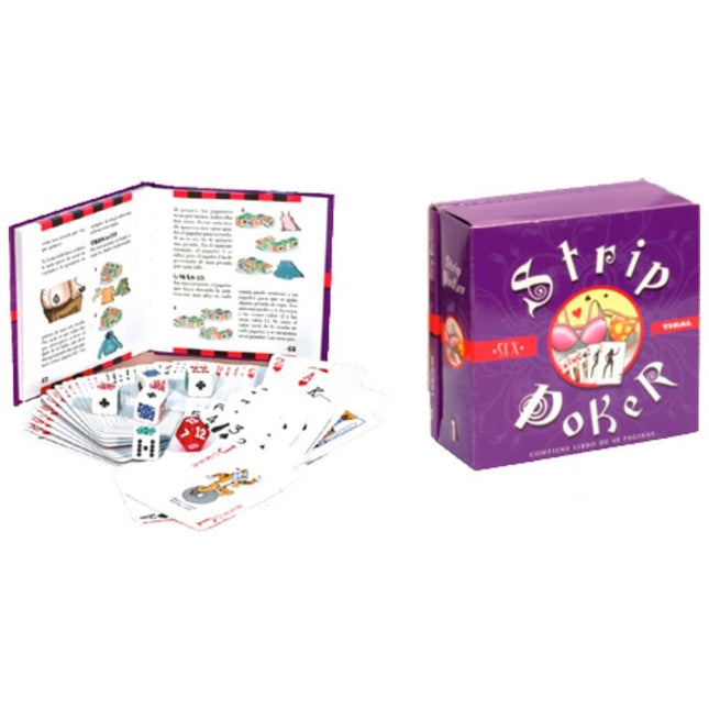 Lila strip poker spielbox diablo picante mit roten akzenten und rundem logo mit spielkarten