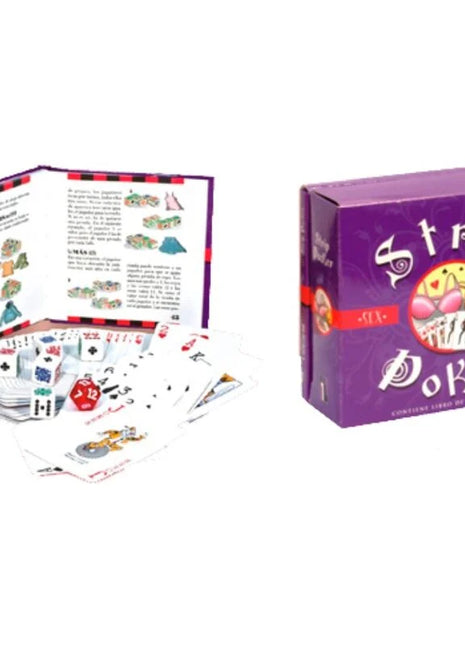 Lila strip poker spielbox diablo picante mit roten akzenten und rundem logo mit spielkarten