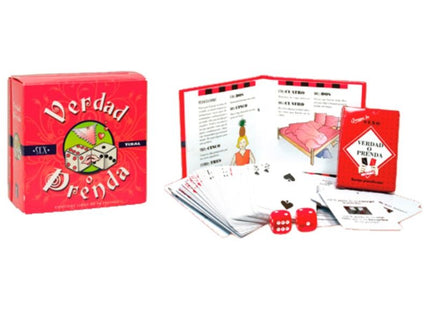 Diablo picante spiel verdad o prenda party game box in red with green dice logo, cards, two red dice, and instruction booklet