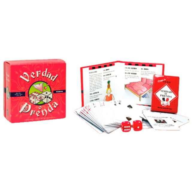 Diablo picante spiel verdad o prenda party game box in red with green dice logo, cards, two red dice, and instruction booklet