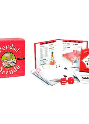 Diablo picante spiel verdad o prenda party game box in red with green dice logo, cards, two red dice, and instruction booklet