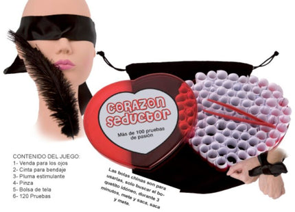 Rot und schwarzes herzförmiges spielbox mit glänzendem finish und 120 kleinen rosa zylindrischen röhren diablo picante